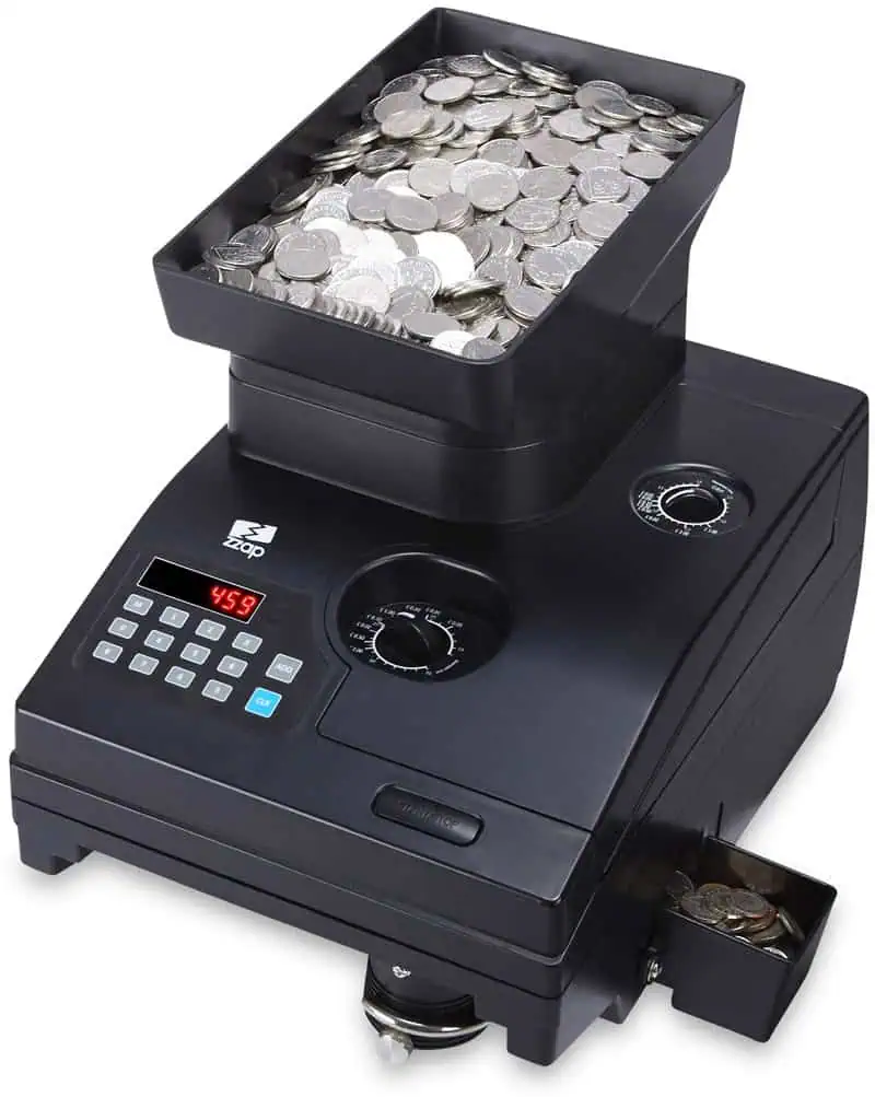 Coin-Counter-Machine-Currency-Counterfeit-Detector-CC10-4 ZZap CC10 coin counter machine has Large hopper for high volume, continuous counting
