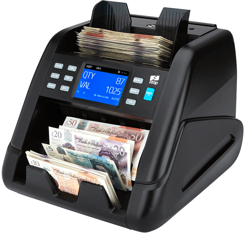 money counter machine counting GBP notes-Value counting for mixed GBP, USD, EURO, CAD, MXN, PLN banknotes & up to 9 others