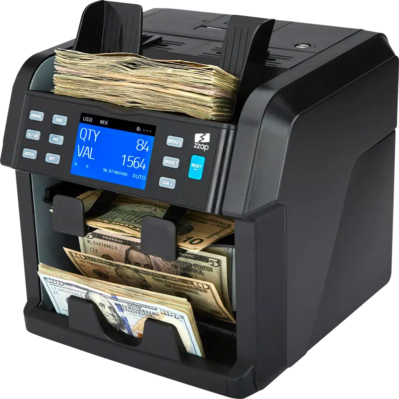 ZZap NC70 value counter bill counter machine has Value counting for mixed USD, GBP, EURO, CAD, MXN, PLN, CHF, CZK, AUD bills & up to 6 others