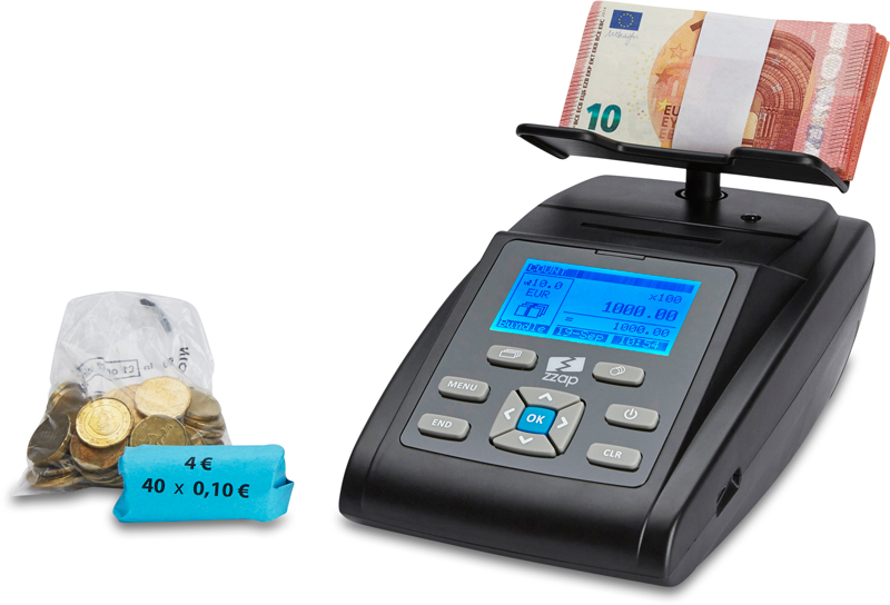 ZZap MS40 Bilancia conta soldi Conta monete e banconote sfuse. Oltre a sacchetti per monete, rotoli di monete e pacchetti di banconote
