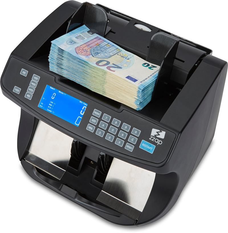 ZZap NC40 Contabanconote-contatore di denaro-Rilevazione di banconote false- ha Tramoggia ad elevata capienza con caricamento dall'alto. Aggiungi banconote mentre la macchina è in esecuzione, per un conteggio continuo.