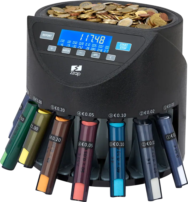 ZZap CS20+ Contadora de Monedas-Clasificadora de monedas- posee La exclusiva pantalla LCD le permite ver el informe de recuento completo