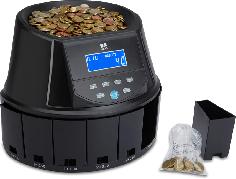 ZZap CS30 Contadora de Monedas-Clasificadora de monedas-Cuenta lotes listos para bolsas bancarias, rollos de monedas y cajones de dinero. La función de memoria guarda los ajustes de los lotes.